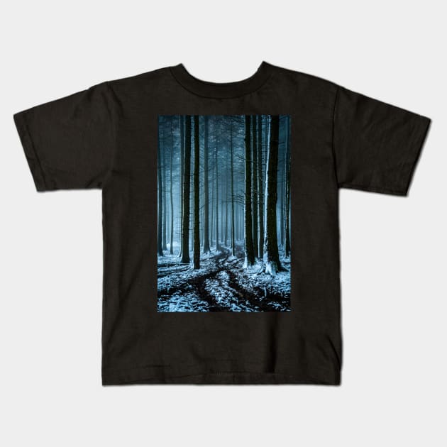 Snowy Forest in the Fog Kids T-Shirt by TonyNorth